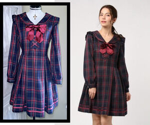 Secret Honey Red x Navy Gingham Check Sailor OP Dress Preppy Jirai Kei Japan